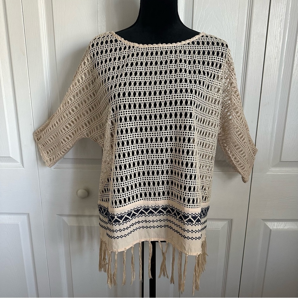 Umgee Fringe Crochet Open Weave Womens Small Top Boho Beach Vacation Resort
